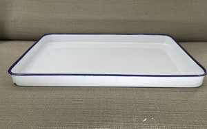Enamelware Shallow Serving Tray Pan White/Blue Trim 11" x 15" Vintage - Picture 1 of 7