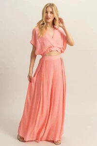 Elegant Kimono Sleeve Crop Top and Wide Leg Pants Two Piece Set - Picture 1 of 6