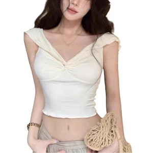 Pure Desire Short Sleeve Slim Fit T Shirt For Women Summer Ruffled V Neck - Picture 1 of 22