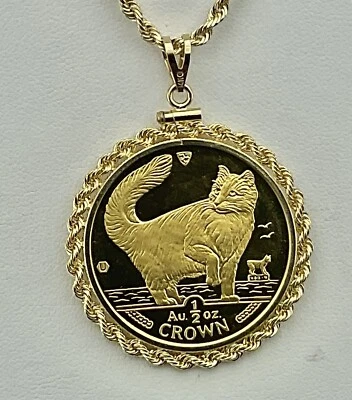 1991 Isle of Man 1/2oz .9999 Proof Gold Norwegian Cat- Elizabeth II Coin Pendant - Image 1 of 4