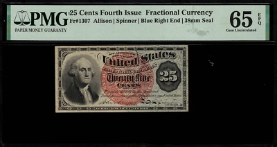 Fr-1307 $0.25 Fourth Issue Fractional Currency - 25 Cents - Graded PMG 65 EPQ - Image 1 of 2