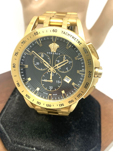 Orologio Versace Uomo VE3E00821 Quarzo Svizzero Cronografo Quadrante Nero Acciaio Oro 45mm