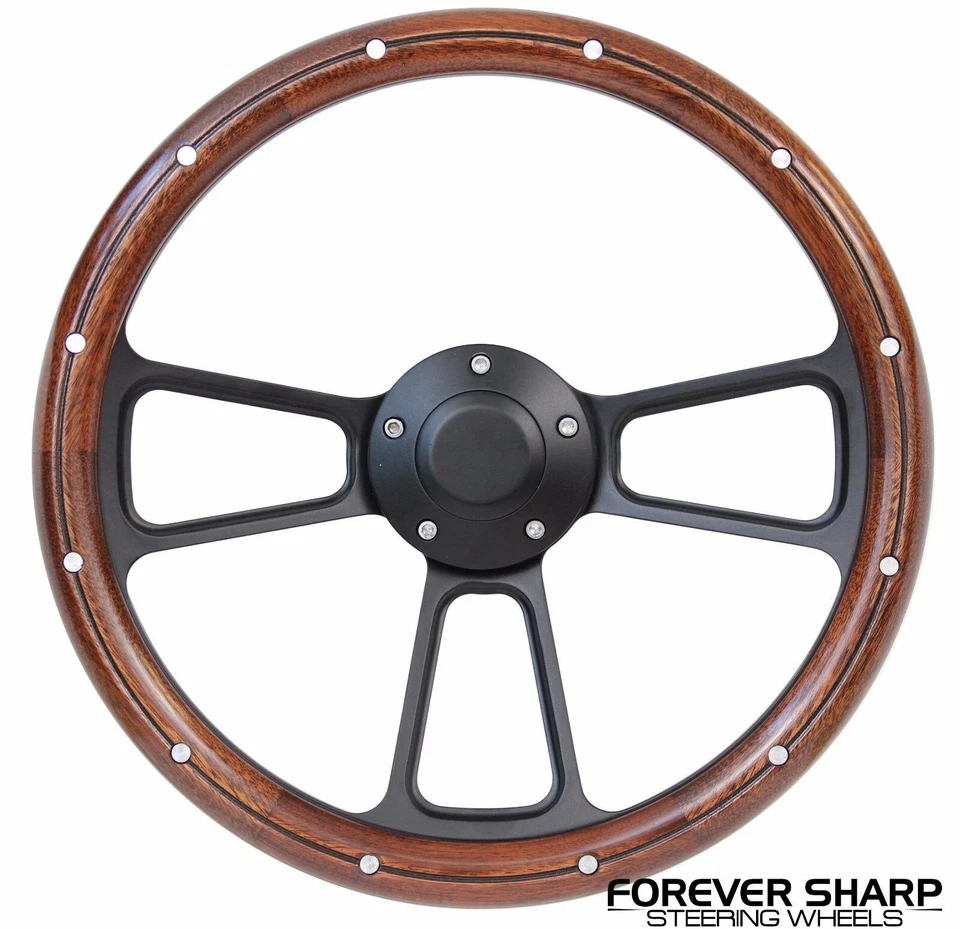 Conjunto de volante 69-94 Chevy GM 14" madeira mogno alumínio rebites músculo preto - Imagem 1 de 3