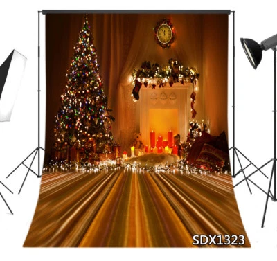 8X10FT Vinyl Xmas Eve Tree Lights Fireplace Candles Studio Backdrop Background - Image 1 of 4