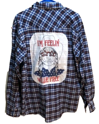 Willie Nelson I'm Feelin' Free C&W Novelty Parody Blue Plaid Snap Button Shirt L - Image 1 of 2