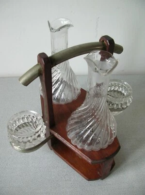 Ancien serviteur huilier vinaigrier art déco en verre et bois  - Photo 1/2