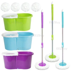 360° Rotating Easy Spin Dry Floor Head Mop Bucket + 4x Head Microfiber Spinning - Picture 1 of 10