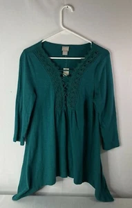 Chico's size O (4) teal knit top long sleeves lace front sharkbite hem NWT - Picture 1 of 6