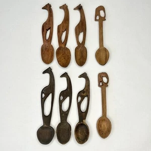 8 Wooden animal Carved Spoons Safari Animals Hand Carved Giraffe Elephant - Picture 1 of 10