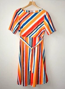 Ex AVON Orange+Red & Blue Stripe Wrap Belted Jersey Fit & Flare Dress Size 8/10 - Picture 1 of 12