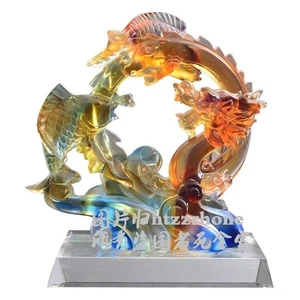 Liu Li Crystal Jumping Carp Fish Dragon Gate Statue Feng Shui Amulet Home Decor - Picture 1 of 4