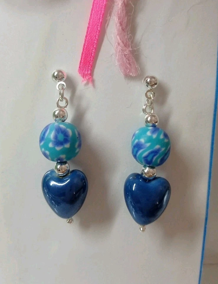 Orecchini da Donna con Cuore di Ceramica e Perla Con Fiori 💙 LuaCreazioni 💙 - Immagine 1 di 2