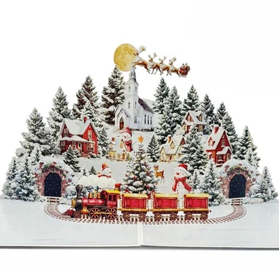 Beautiful 3D Pop Up Christmas Village Card Snowman Reindeer Xmas Fir Trees - Image 1 of 4