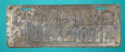 ANTIGUA MATRÍCULA: 1914 INDIANA - 14-1/2 x 5-1/2 pulgadas Foto 1 de 2
