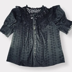 House of Harlow 1960 Black Top Eyelet Lace Bohemian Cottagecore Ruffle Large - Picture 1 of 12