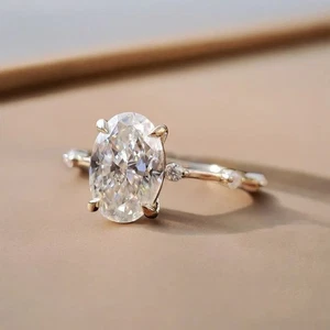 Oval Moissanite Engagement Ring with Distance Pave Band in 14K Yellow Gold Jewel - Picture 1 of 7