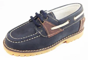 DE OSU -Spain -Boys Navy Blue Leather Tan Lace-up Boat Shoes -European 24 Size 8 - Picture 1 of 6