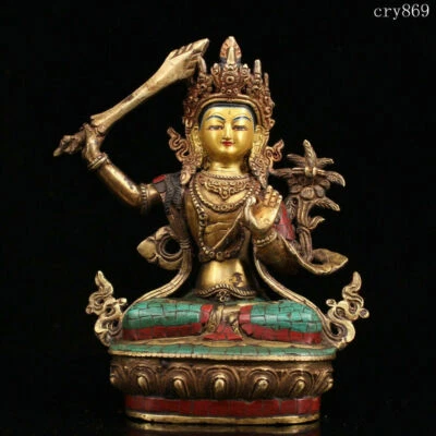 Antiguo Tíbet antiguo cobre puro con incrustaciones de gemas trazado oro bodhisattva estatua Foto 1 de 4