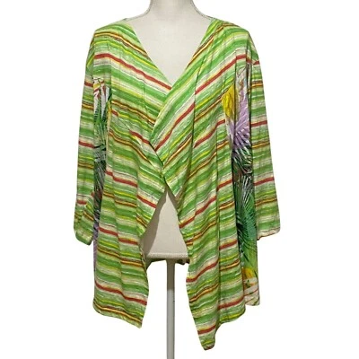 Onque Woman Open Front Wrap Jacket 2X Green Boho Festival Lace Tropical Striped - Image 1 of 4