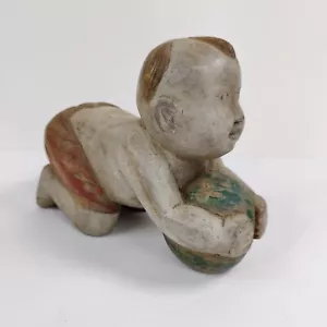 Antique Asian Boy "Karako" with Ball Wood Carving Lucky Baby Budah Chinese - Picture 1 of 9