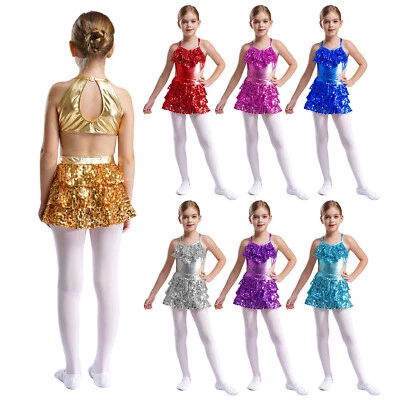 Kids Girls Metallic Sparkly Sequins Hip Hop Jazz Latin Gymnastic Dance Costume - Image 1 of 3