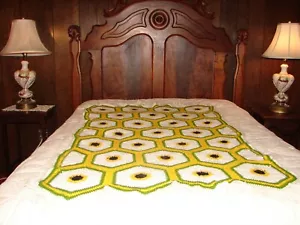 Hexagon Afghan Handmade Black Eyed Susan Flower Design Crochet Throw Blanket - Picture 1 of 7