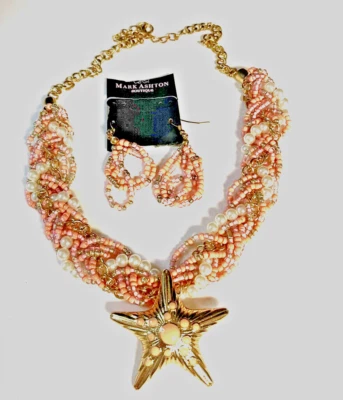 Mark Ashton Pink Beaded Pearls Goldtone Earring Necklace Set NEW - Image 1 of 4