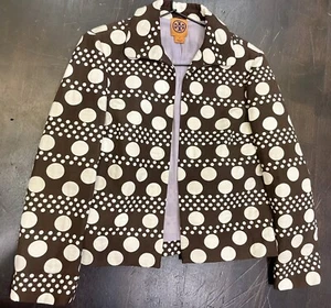 Tory Burch Women’s crop brown w white polkadots cotton jacket US2. Lilac lining - Picture 1 of 7