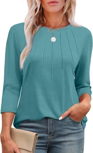 3/4 Length Sleeve Womens Tops round Neck Casual Tunic Tops Basic Pleated Shirts - Picture 1 of 12