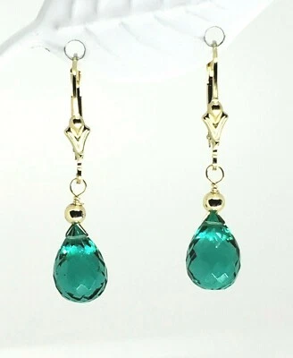 Висячие серьги-бриолеты из желтого золота 14 карат с имитацией изумруда - Изображение 1 из 3
