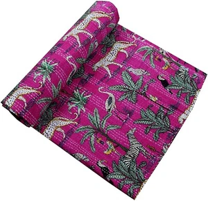Pink Color Bedspread Jungle Kantha Indian Handmade Cotton Kantha Quilt Throw - Picture 1 of 4