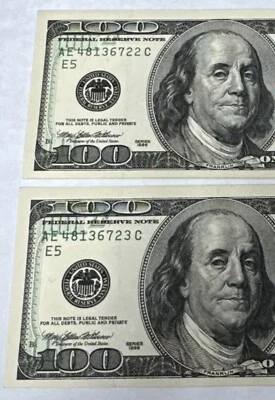 2 Consecutive 1996 100 federal reserve note Error Wet Ink Transfer F315 Rare！ - Image 1 of 3