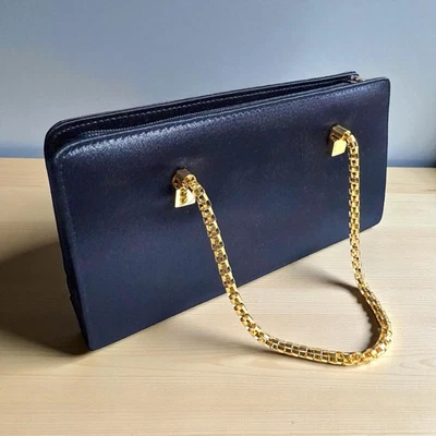 La Regale Evening Mini Cocktail Bag Navy Blue Satin Gold Tone Mesh Chain Handles - Image 1 of 4