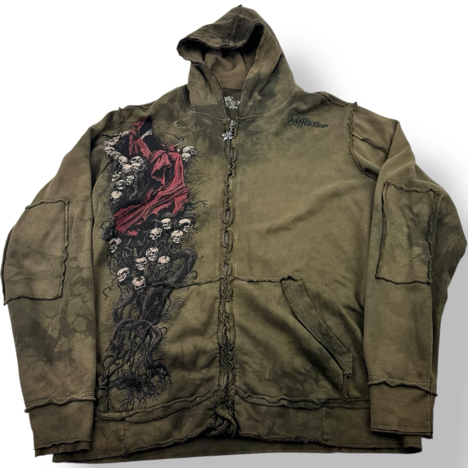 Chaqueta con Capucha Affliction Verde Parca Calavera Cremallera Completa Algodón Para Hombre Grande EE. UU. Foto 1 de 4
