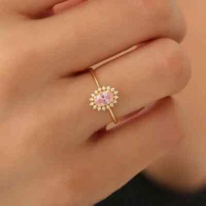Pink Oval & White Round Cut 1.14CT Lab-Grown Diamond 10K Yellow Gold Halo Ring - Picture 1 of 6