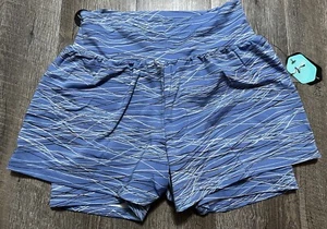 NEW RELEASE Lularoe Rise Unbeatable Workout Shorts Large L Beautiful Blue Print - Picture 1 of 4