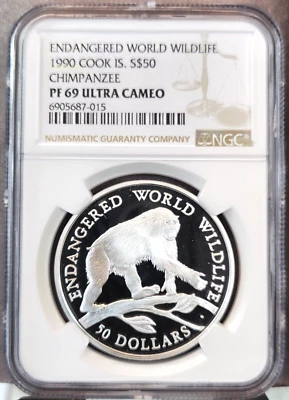 1990 COOK ISLANDS SILVER 50 DOLLARS CHIMPANZEE NGC PF 69 ULTRA CAMEO TOP POP - Image 1 of 3