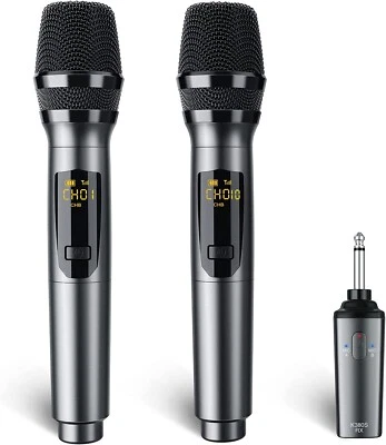 Kit Coppia Microfoni Wireless con ricevitore nero per karaoke festa - Immagine 1 di 4