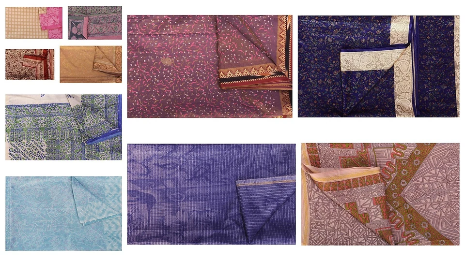 Lote al por mayor de 5 piezas de tela artesanal de sari vintage 100 % seda pura impresa de 5 yardas Foto 1 de 4