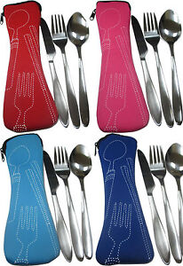 Reisebesteck-Set: Messer, Gabel, Löffel mit Bestecktasche in 6 diversen Farben