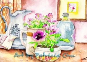 ACEO LE Art Card Print 2.5"x3.5" " Still Life With Pansies " Art by Patricia - Bild 1 von 1