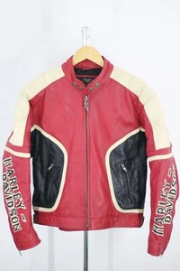 Harley-Davidson Men’s Leather Motorcycle Jacket – Red, Black & Cream Size L - Picture 1 of 14