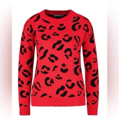 Boohoo Red & Black Leopard Print Sweater Sz 16 - Image 1 of 4