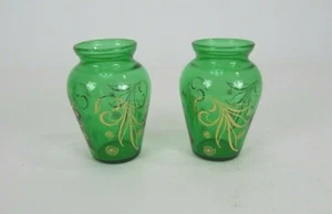 Vintage Emerald Green Glass 4" Mini Vases Gold Leaves - Picture 1 of 5
