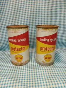 2 Vintage Shell Cooling System Protector Tin Can Gas Oil Advertising Service  - Picture 1 of 13