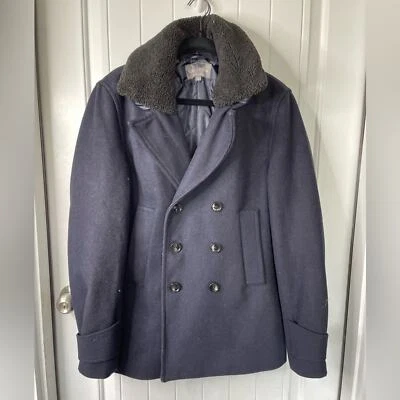 Slate and Stone double breasted faux shearling collar blue navy wool coat medium - Image 1 of 4