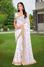 White Indian Bollywood Resham Zari Embroidered Stone Border Georgette Saree Sari
