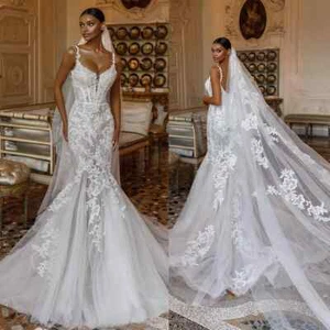 Mermaid Wedding Dresses Spaghetti Straps Sleeveless Lace Appliques Bridal Gowns - Picture 1 of 7
