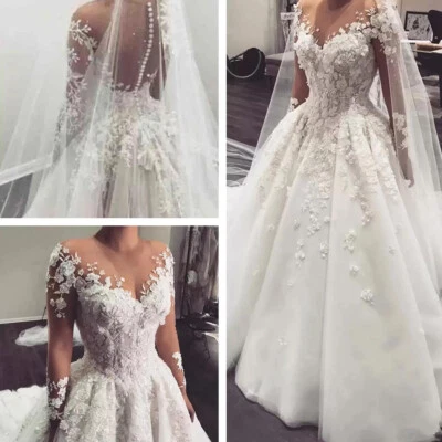Elegant Wedding Dresses Long Sleeve Tulle Lace Applique Sweep Train Bridal Gowns - Image 1 of 4