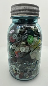 Vintage 7” Blue Ball Jar Full of Old Buttons - Picture 1 of 6